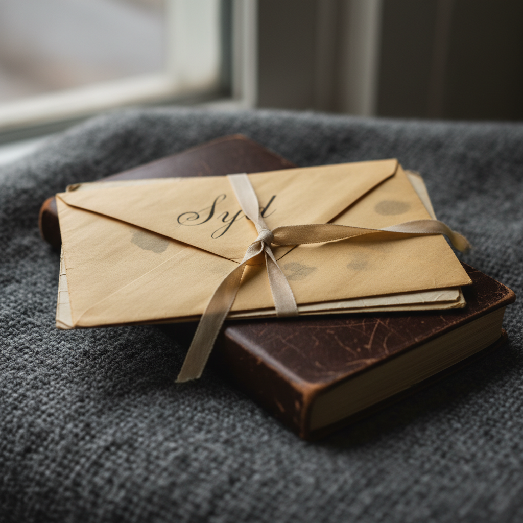 A small stack of vintage letters tied together with a thin, fraying silk ribbon sits on a soft charcoal wool blanket, the top envelope delicately yellowed with age and addressed in refined cursive to “Syd.” The paper edges are softly worn, and faint impressions of ink bleed through the layers beneath. Behind the stack, a leather-bound journal lies closed, its surface subtly scuffed, hinting at years of use. Gentle overcast window light falls from the left, emphasizing textures in the paper and fabric and casting soft, diffuse shadows that feel timeless and serene. Shot at a close, three-quarter angle with a shallow depth of field, the focus rests on the looping name “Syd,” while the background melts into a quiet blur, evoking nostalgia in an elegant, photographic realism.