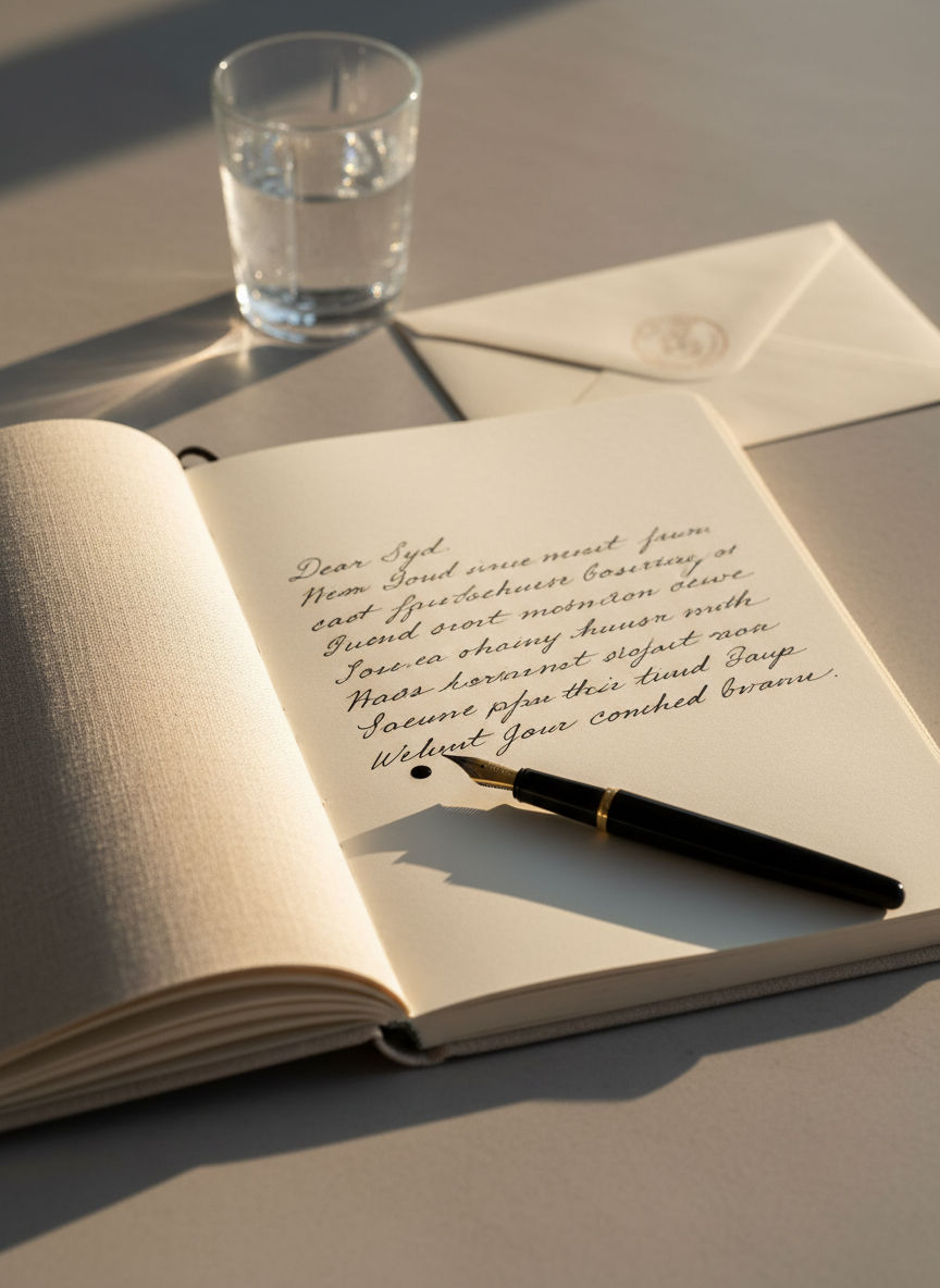 An open linen-textured notebook filled with creamy, unlined pages lies on a stone-grey table, a single page half-covered in looping black ink handwriting that begins with the words “Dear Syd,”. A slender black fountain pen rests diagonally across the lower margin, a tiny dot of ink visible at its gold nib. In the background, slightly out of focus, a small crystal glass of water and a folded, unsealed envelope add context. Warm late-afternoon light streams from the right, casting elongated, elegant shadows and a quiet golden sheen on the ink. Captured from a slightly elevated angle with rule-of-thirds composition, the scene feels intimate, reflective, and sophisticated, rendered in clean, realistic photographic style.