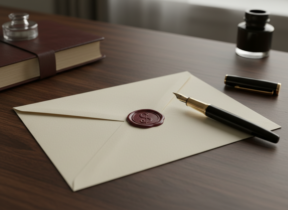 A single cream-colored envelope made from thick, textured cotton paper lies neatly on a dark walnut writing desk, its flap sealed with a deep burgundy wax stamp embossed with an elegant monogram “S”. Beside it rests a matching fountain pen with a black lacquer barrel and gold nib, angled toward the envelope as if recently set down. Soft, diffused morning light spills in from an unseen window, creating gentle highlights along the wax and pen and subtle shadows along the grain of the wood. Photographed at eye level with a shallow depth of field, the envelope is in crisp focus while the distant background fades into a soft blur, creating a sophisticated, contemplative mood in refined photographic realism.
